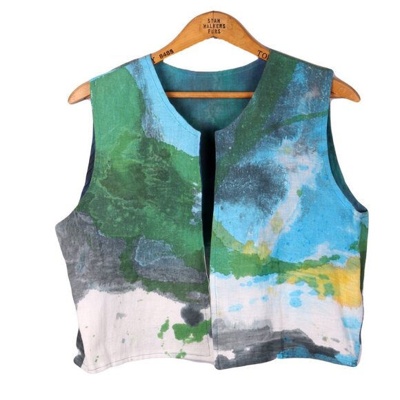 Mexico Handmade Vest Grasol Boutique Cropped Cotton Watercolours Blue Green - Picture 2 of 10